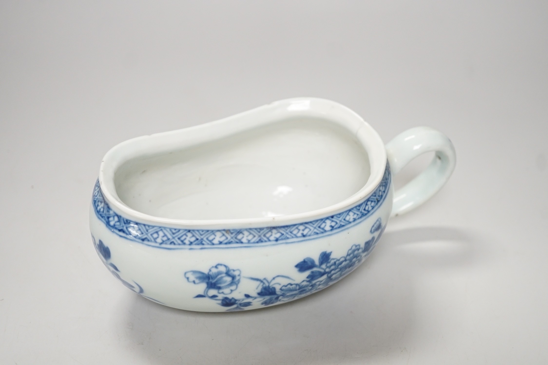 An 18th century Chinese export blue and white porcelain bordalou. 22cm wide